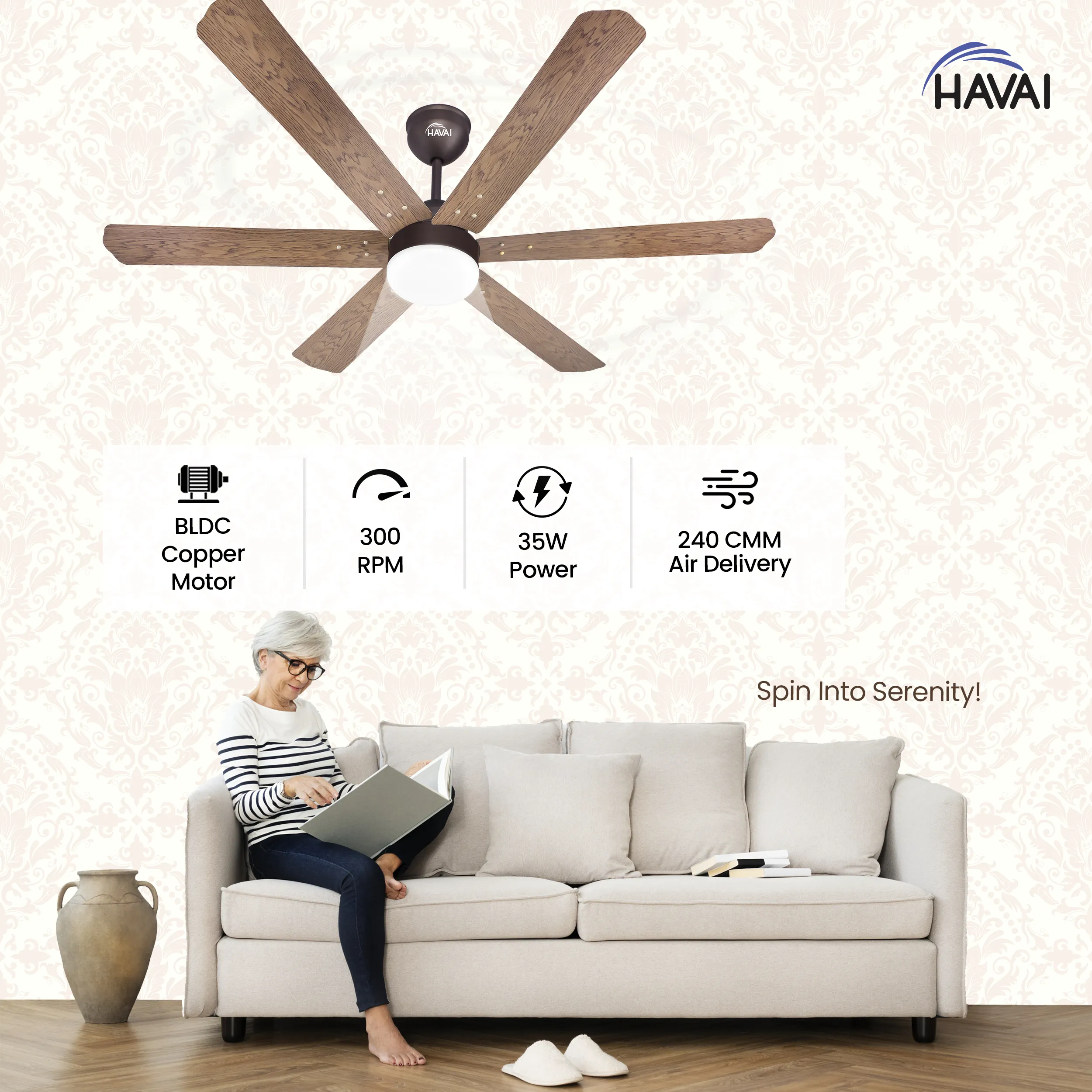 HAVAI Pristine Wooden Range BLDC Ceiling Fan - 6 Blades - 35W, Ashwood 1200mm Blade with Remote (WHITE 9W LED)…