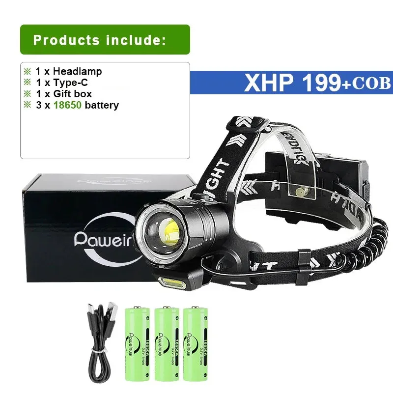 High Lumens XHP199 Powerful Led Headlamp XHP160 USB Rechargeable Headlight 18650 Head Flashlight Fishing Camping Head Lamp