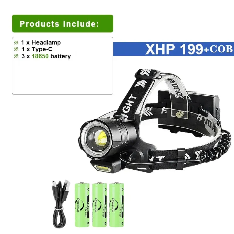 High Lumens XHP199 Powerful Led Headlamp XHP160 USB Rechargeable Headlight 18650 Head Flashlight Fishing Camping Head Lamp