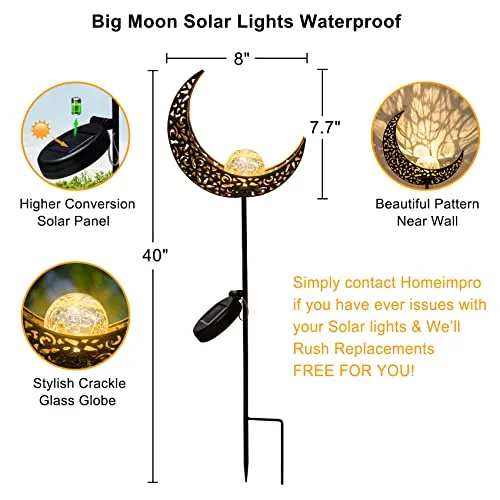 HOMEIMPRO Moon Solar Garden Lights Outdoor Stakes, Waterproof Crackle Glass Metal Decorative Lights for Lawn, Patio Accessories, Yard Decor, Christmas Gift (Bronze)