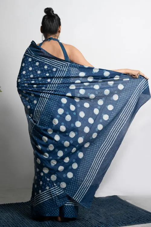 ICH Cotton Appeal. Dabu Hand Block Printed Mul Cotton Saree - Blue Polka