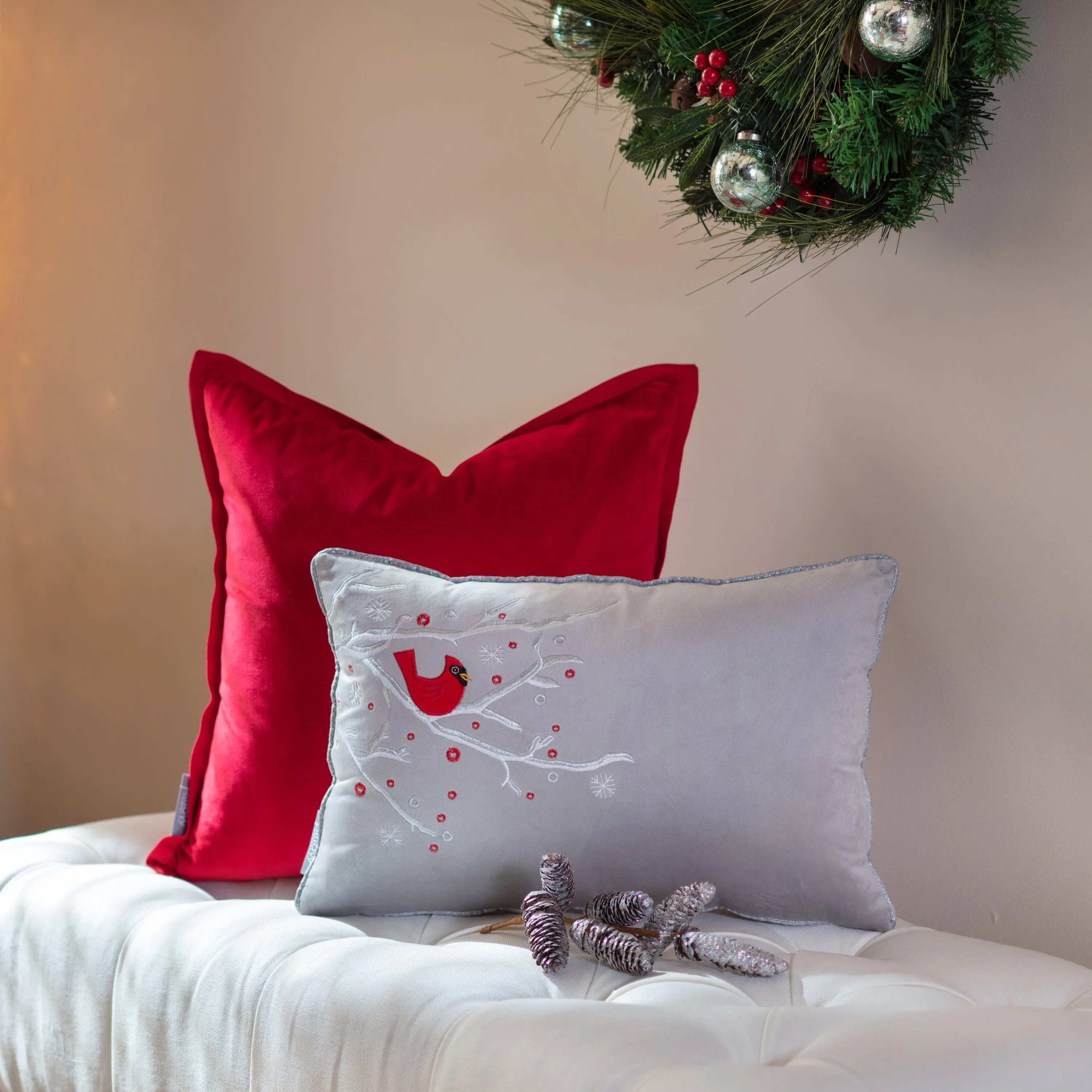 Indoor Velvet Christmas Cardinal Gray Lumbar Rectangular Throw Pillow Cover