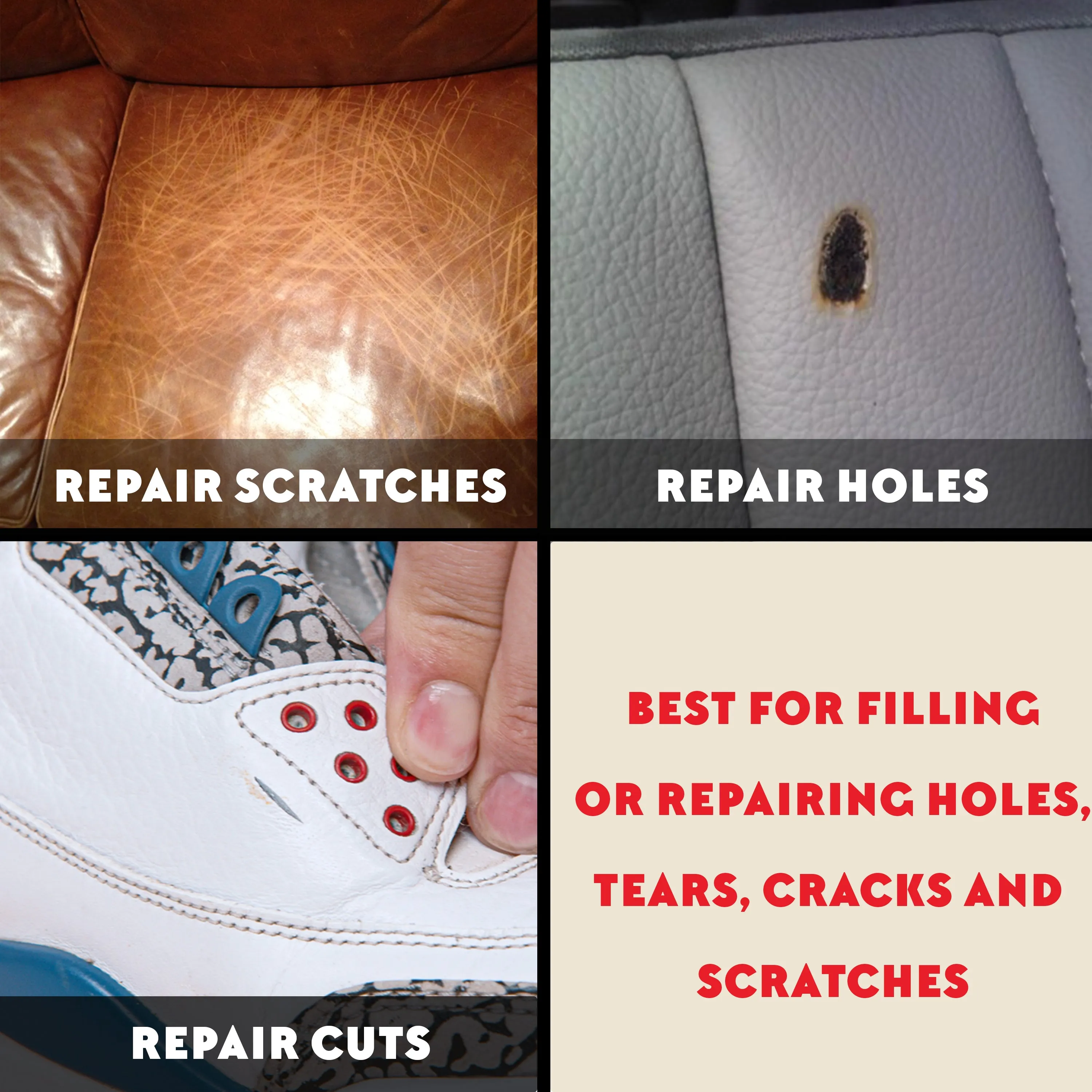 Leather Filler for Filling or Repairing Holes, Tears, Cracks, Scratches, for Leather Car Seats, Furniture, Shoes- Flexible with Applicator