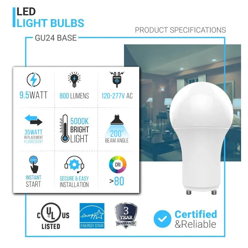 LED Light Bulbs A19 9.5 Watt 5000K 800 Lumens 120V Dimmable, General Purpose Lamp GU24 Base