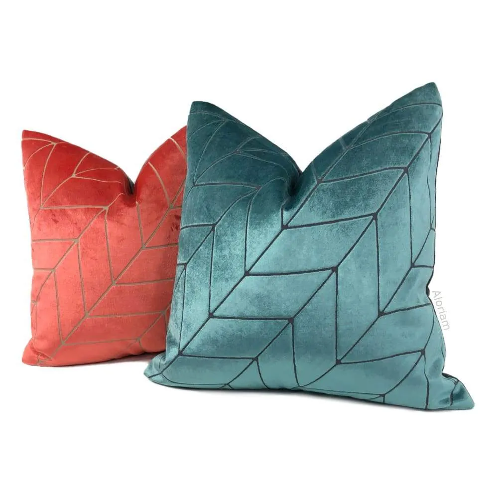 Leyland Teal Green Diagonal Chevron Velvet Pillow Cover