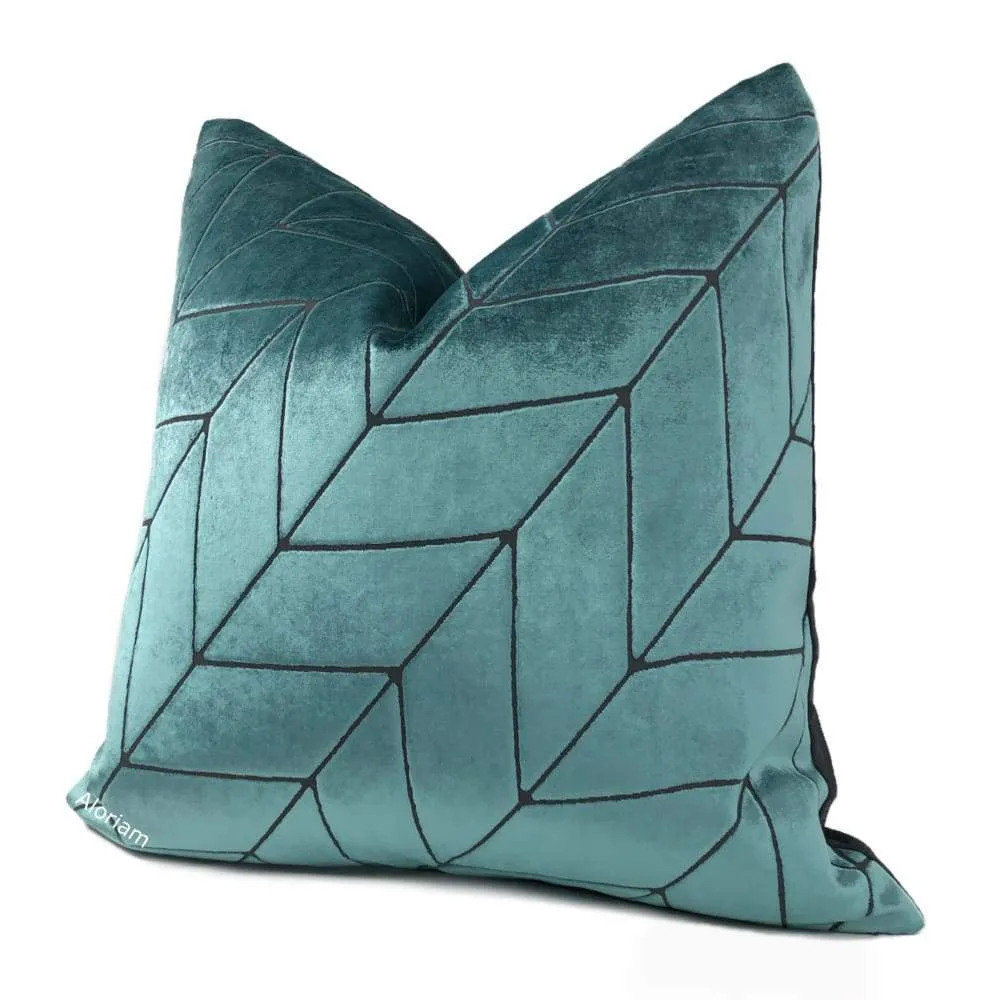 Leyland Teal Green Diagonal Chevron Velvet Pillow Cover