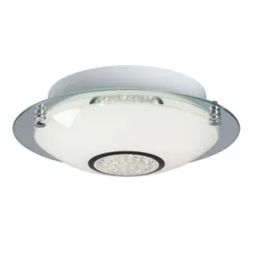 Michio I LED Flush Mount Ceiling Light - Chrome Finish, 12W, Dimmable, 3000K, White Glass, Crystal Accents