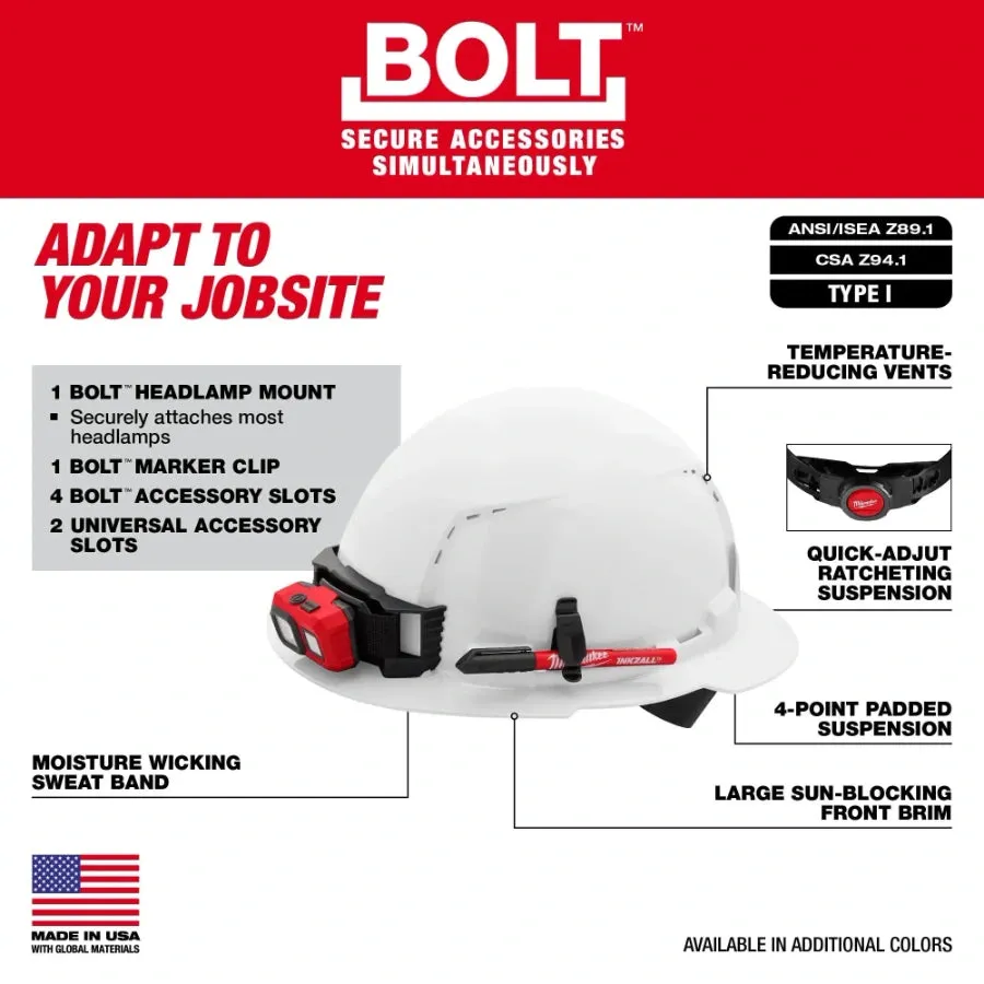 Milwaukee 48-73-1201 BOLT™ White Full Brim Vented Hard Hat w/4pt Ratcheting Suspension (USA) - Type 1, Class C