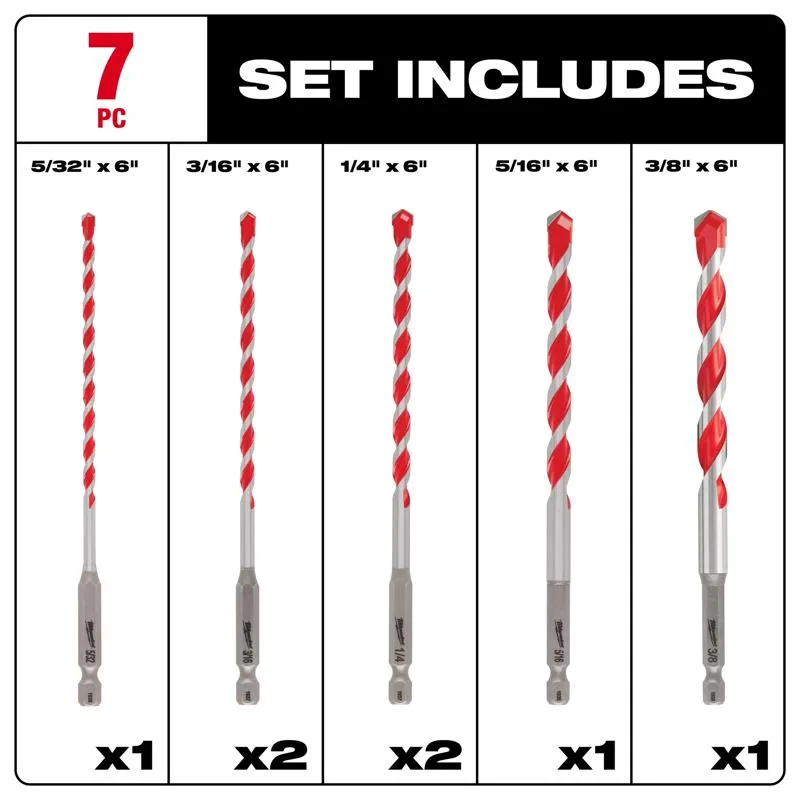 Milwaukee Shockwave 5/32 in. X 6 in. L Carbide Hammer Drill Bit Set Hex Shank 7 pc