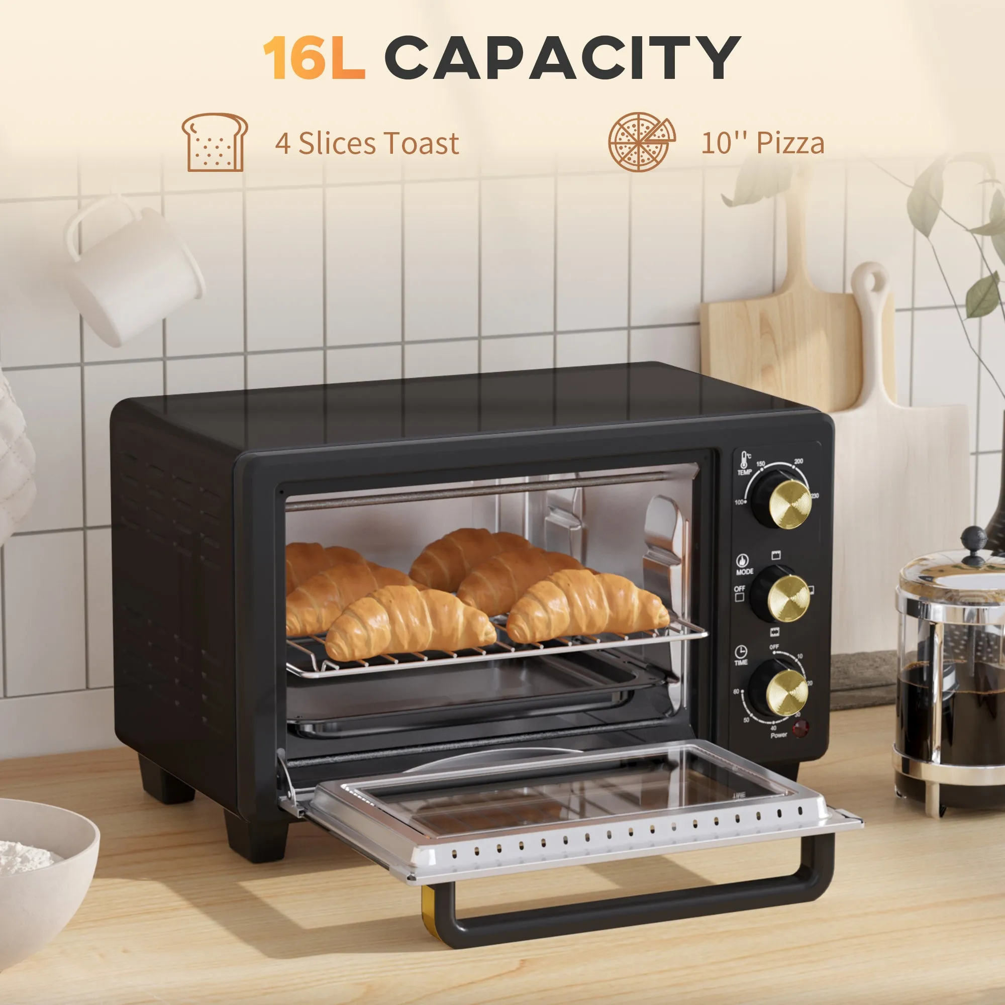 Mini Oven 16L Countertop Oven w/ Adjustable Temp Timer 1400W, Black