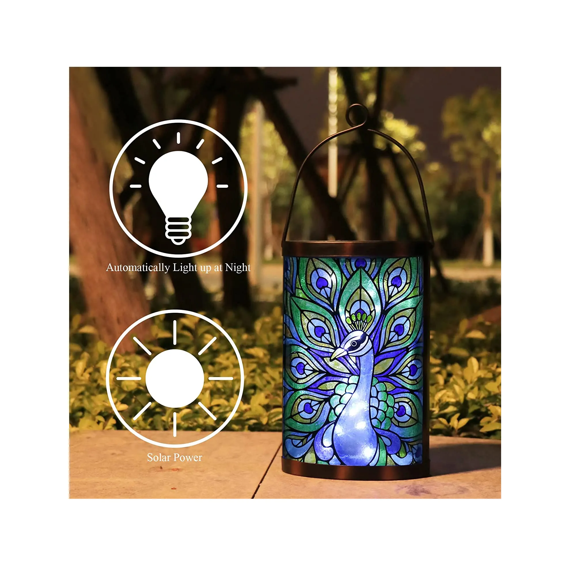 MUMTOP Outdoor Hanging Solar Lantern | Decorative| Waterproof| LED| Peacock Solar Lights | Outdoor Garden Patio Table Lamp