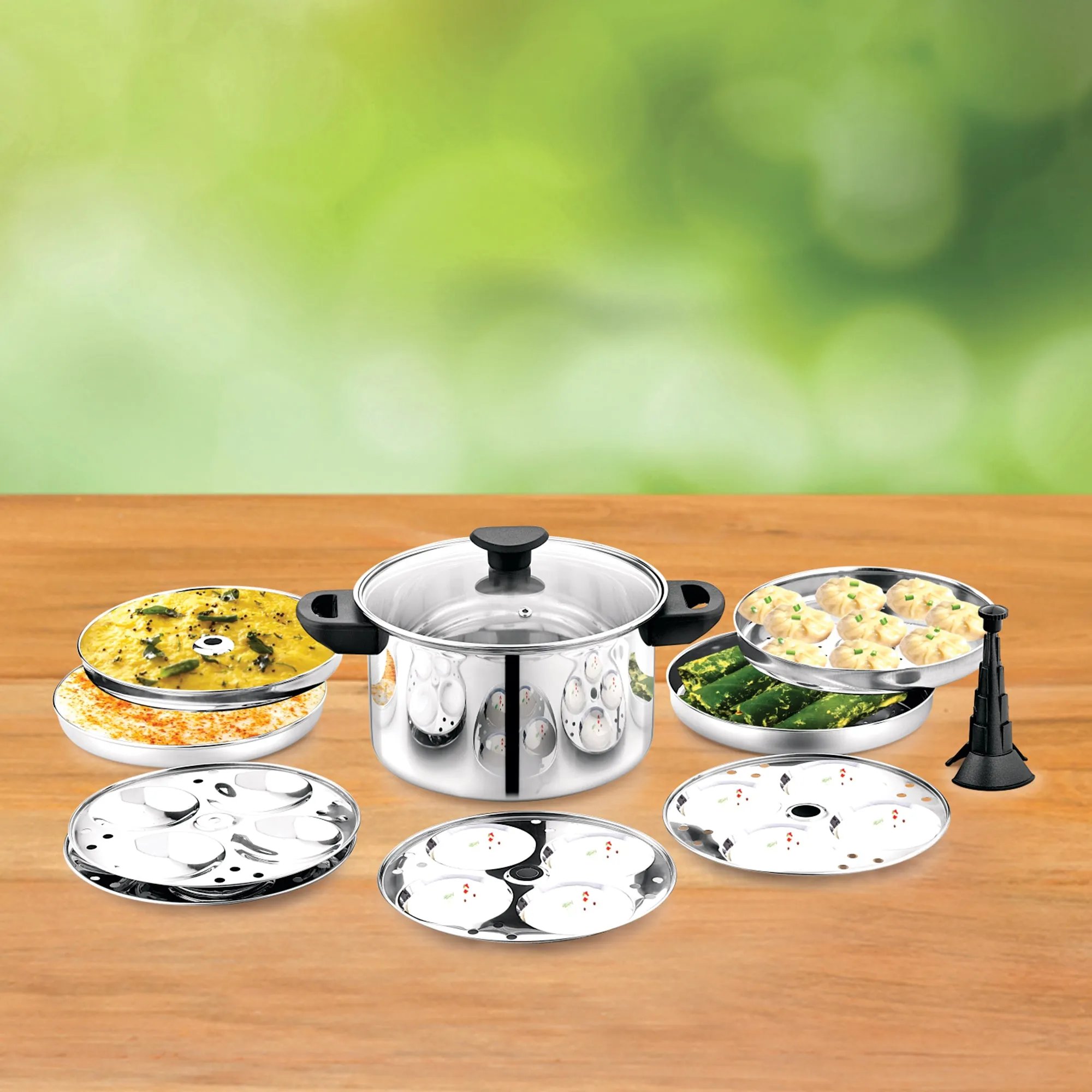 NanoNine Stainless Steel Multi Cooker Premium With Metal Stand, 4 Regular Idli  Plate  2 Dhokla  Plate   2 steamer Plate   1 Metal stand, 1 Unit ,Silver Colour 4 Liter