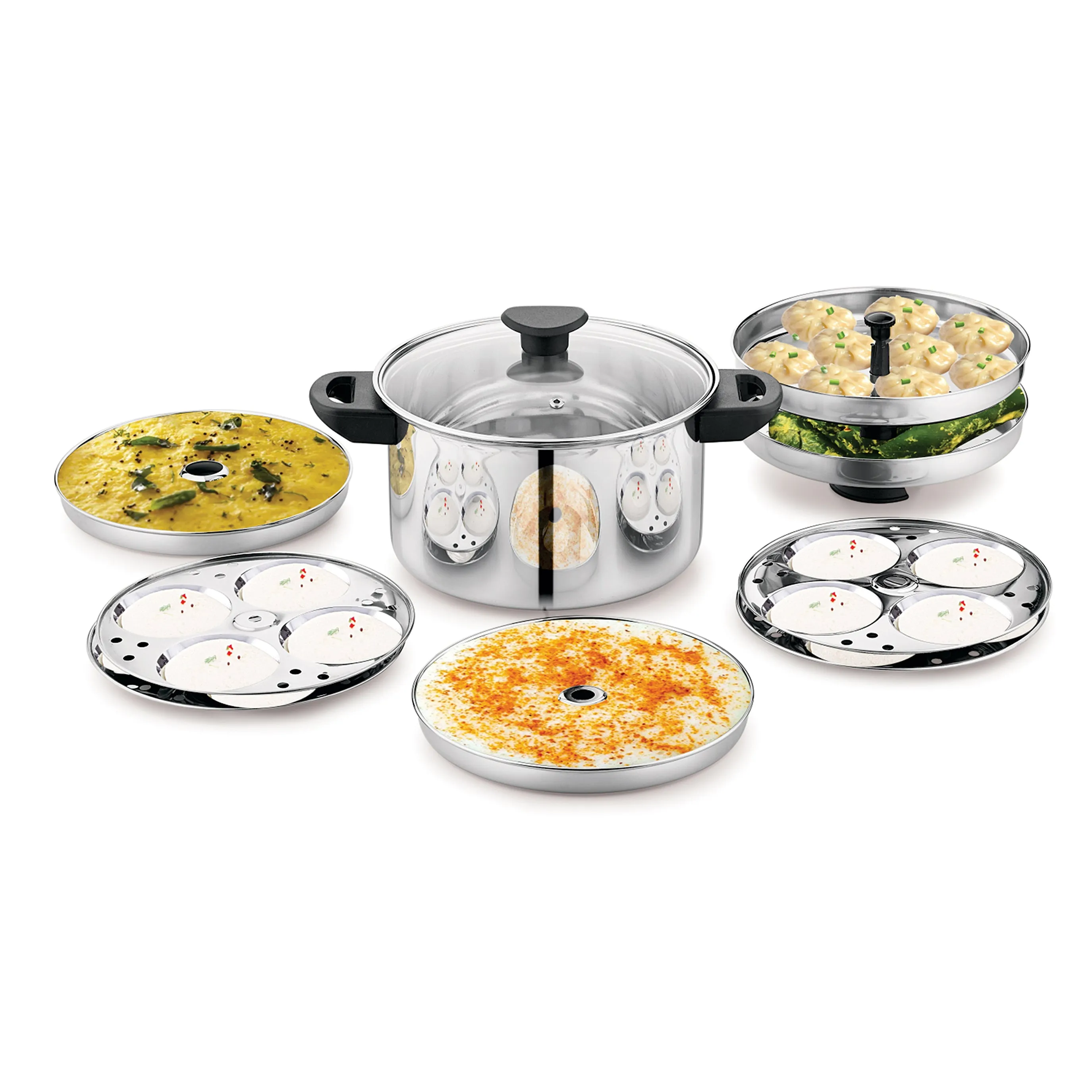 NanoNine Stainless Steel Multi Cooker Premium With Metal Stand, 4 Regular Idli  Plate  2 Dhokla  Plate   2 steamer Plate   1 Metal stand, 1 Unit ,Silver Colour 4 Liter