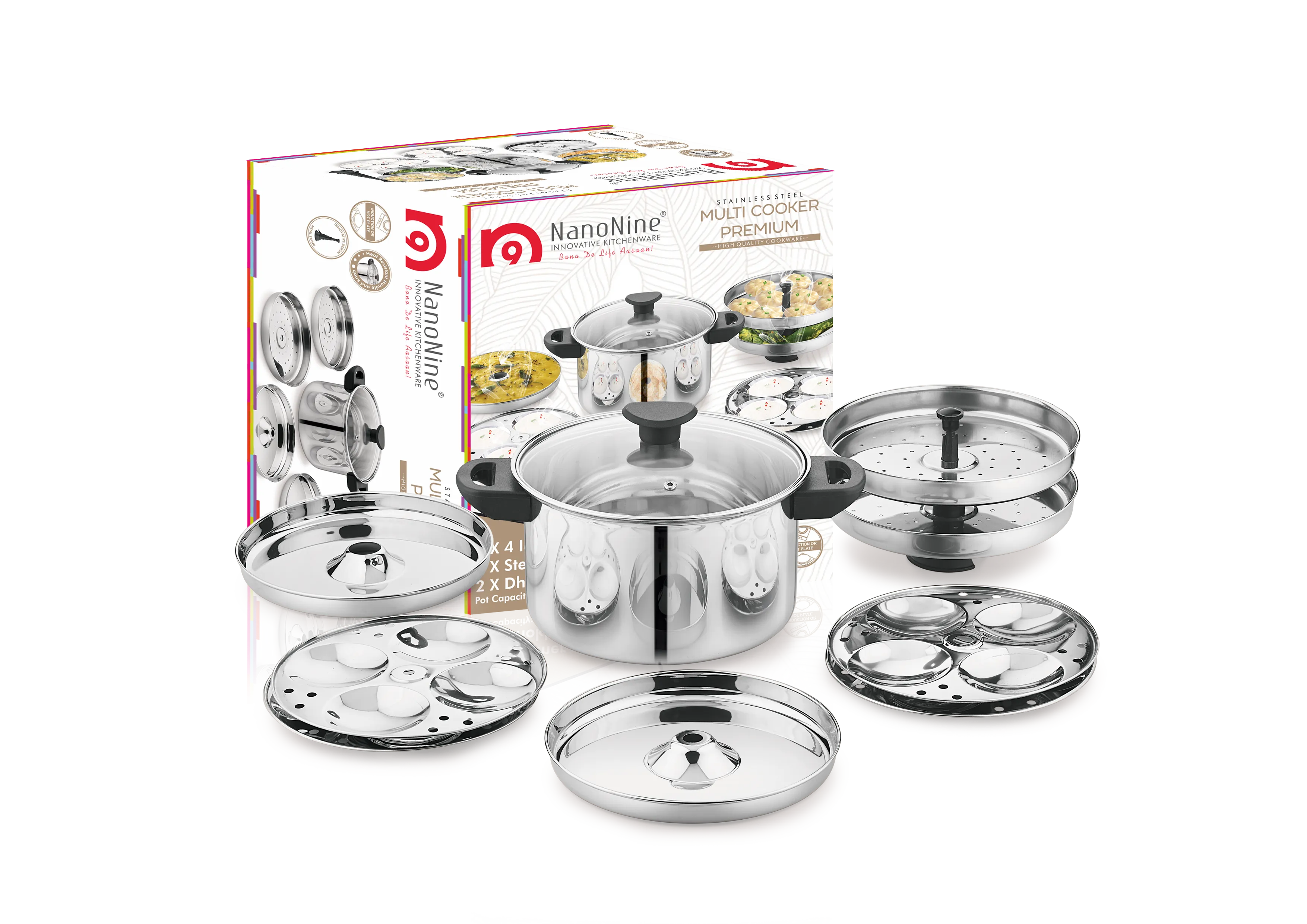 NanoNine Stainless Steel Multi Cooker Premium With Metal Stand, 4 Regular Idli  Plate  2 Dhokla  Plate   2 steamer Plate   1 Metal stand, 1 Unit ,Silver Colour 4 Liter