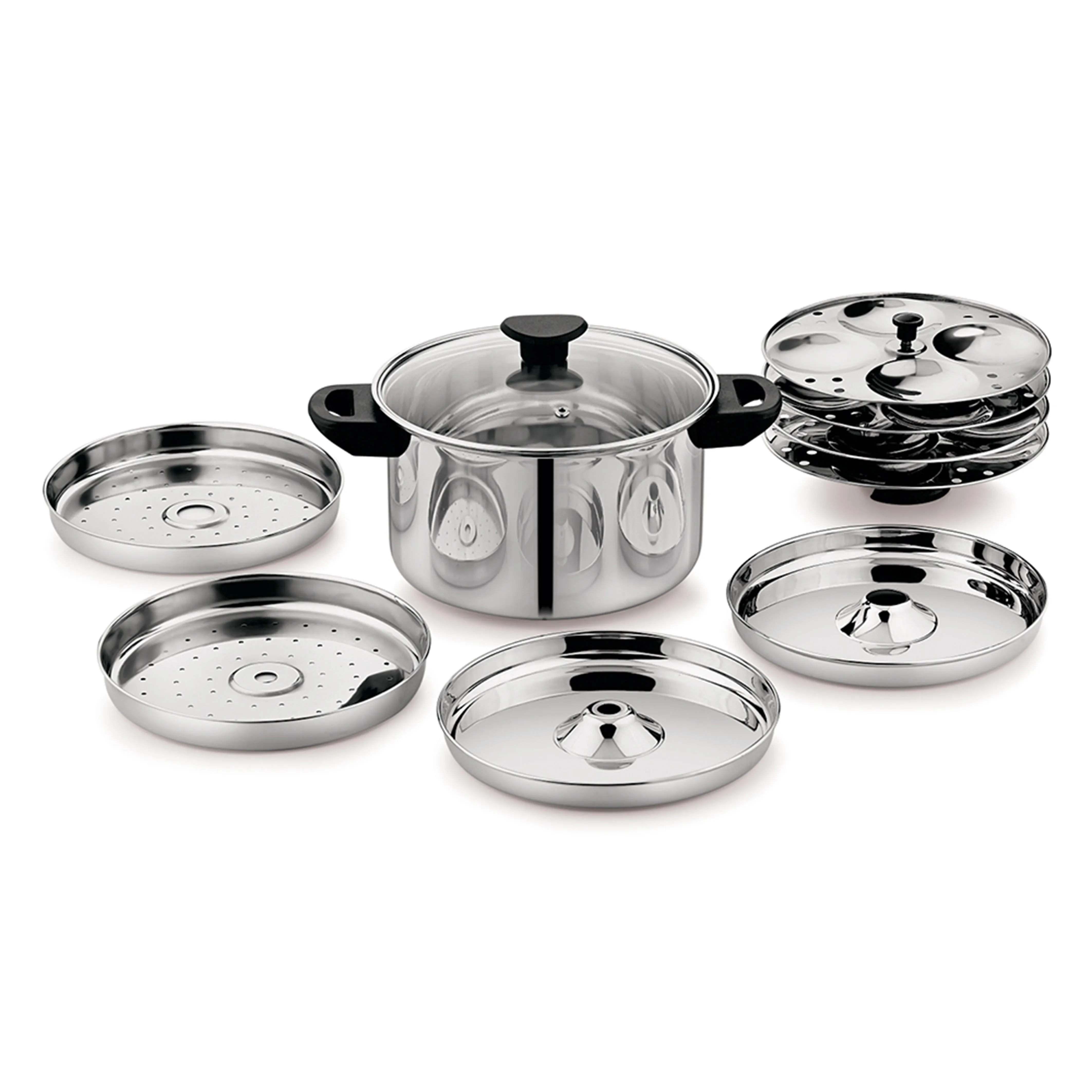 NanoNine Stainless Steel Multi Cooker Premium With Metal Stand, 4 Regular Idli  Plate  2 Dhokla  Plate   2 steamer Plate   1 Metal stand, 1 Unit ,Silver Colour 4 Liter