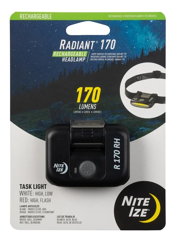 Nite Ize Radiant R170RH-01-R7 Rechargeable Headlamp, Lithium-Ion Battery, LED Lamp, 170 Lumens, 2 hr Run Time, Black :CD: QUANTITY: 1