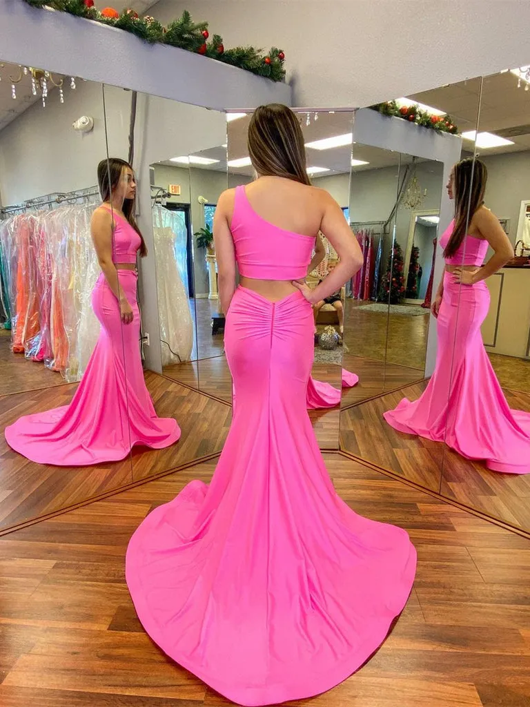 One Shoulder Two Pieces Hot Pink Long Prom Dress Formal Graduation Evening Dress OK1296