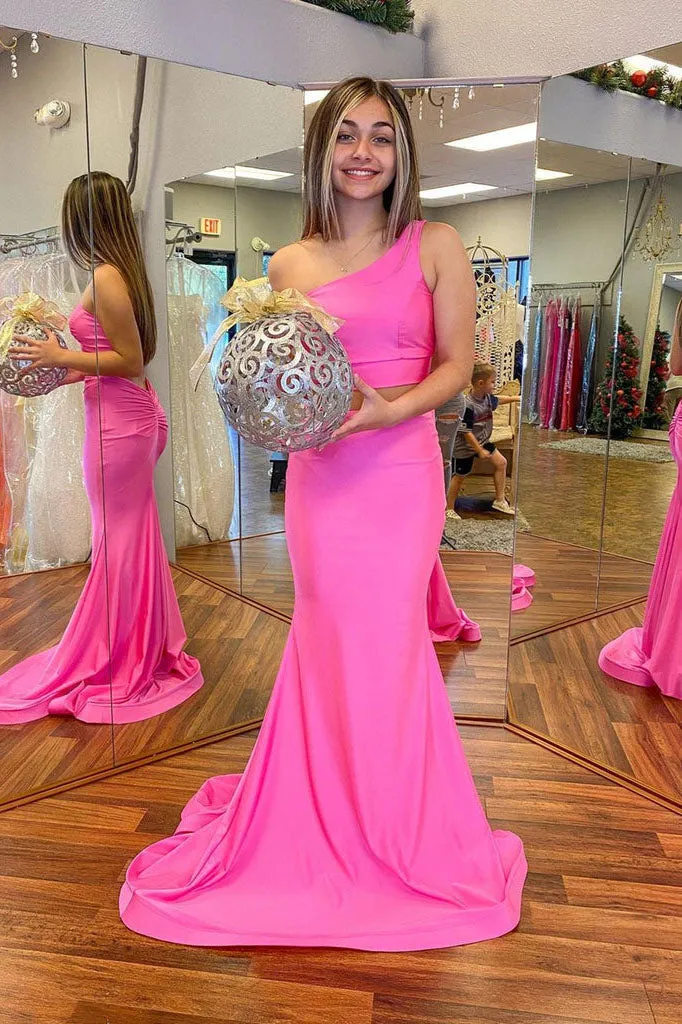 One Shoulder Two Pieces Hot Pink Long Prom Dress Formal Graduation Evening Dress OK1296