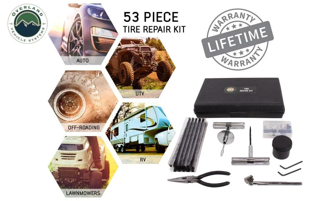 Overland Vehicle Systems Tire Repair Kit - 53 Piece Kit With Black Storage Box | Universal