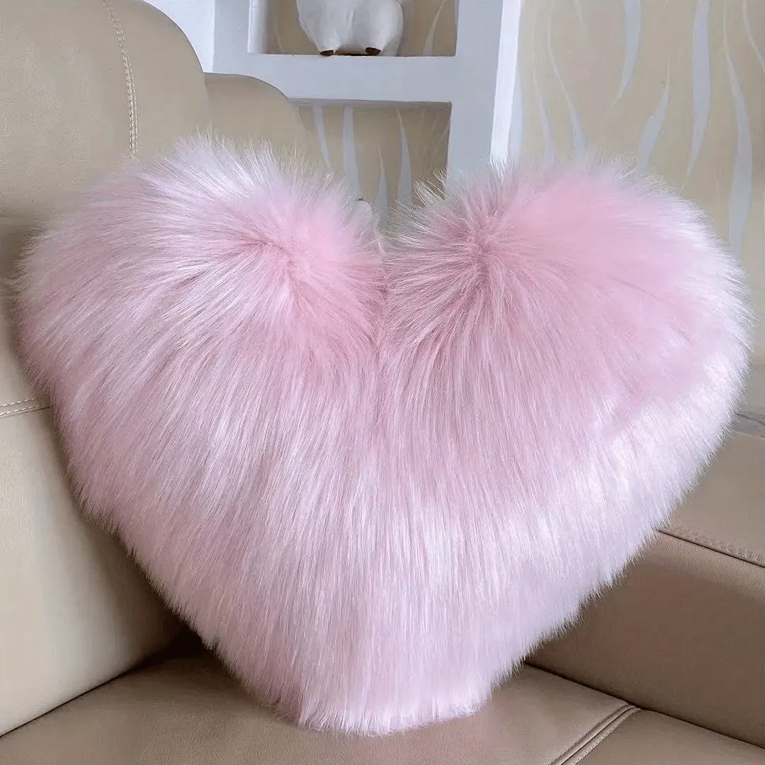 Pink Imitation Wool Love Heart Pillow Plush Sofa Pillow Cushion Including Pillow Core for Girls Bedside Christmas, Halloween Gift