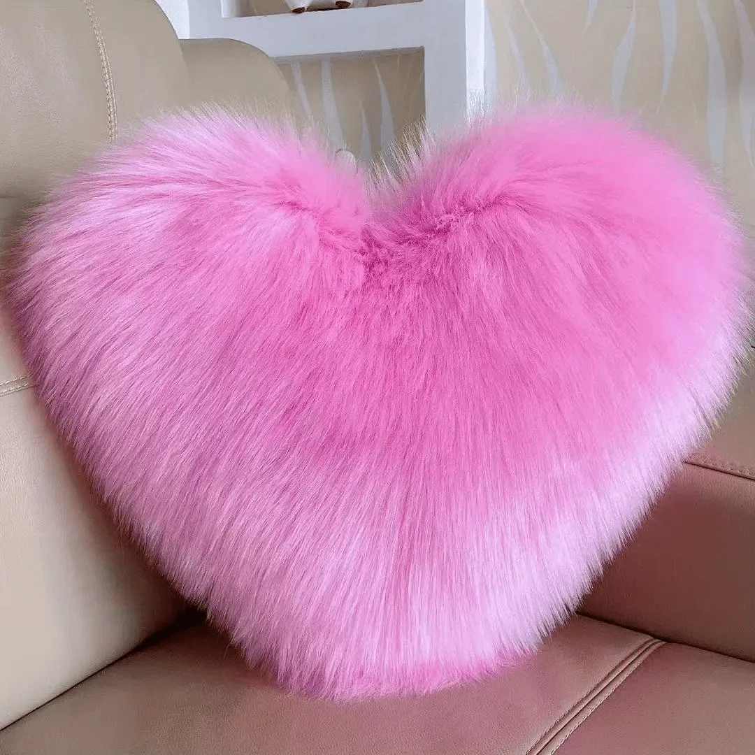 Pink Imitation Wool Love Heart Pillow Plush Sofa Pillow Cushion Including Pillow Core for Girls Bedside Christmas, Halloween Gift