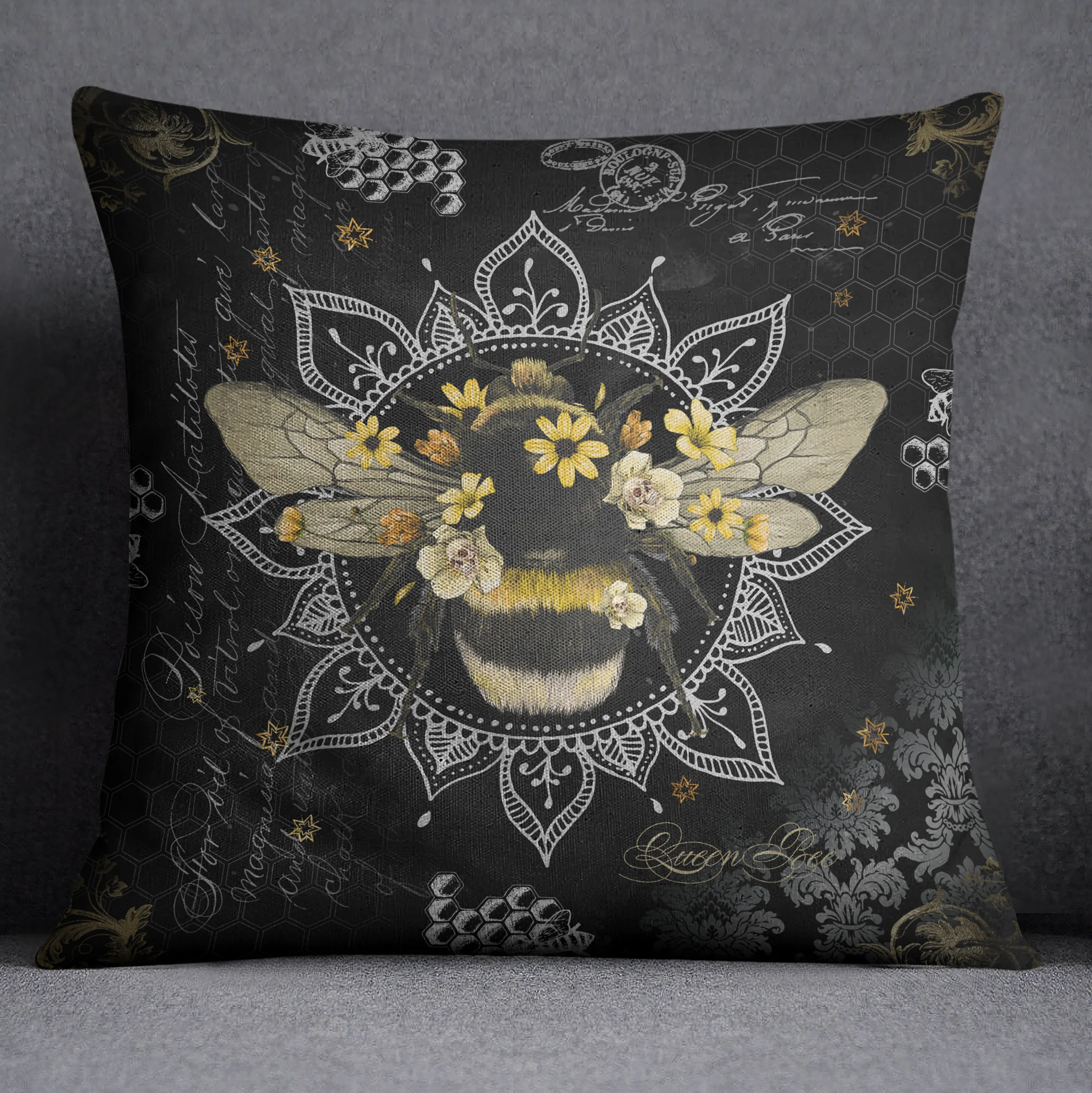 Poison Bee Mandala Skull Black Throw Pillow