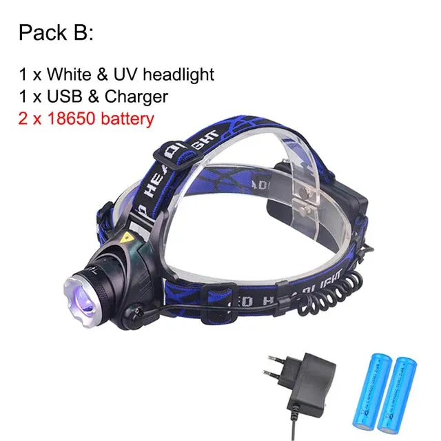 Powerful 4-Mode 5W LED Headlamp USB Rechargeable Zoom Headlight 395nm UV & White Head Torch For Camping Scorpion Detector