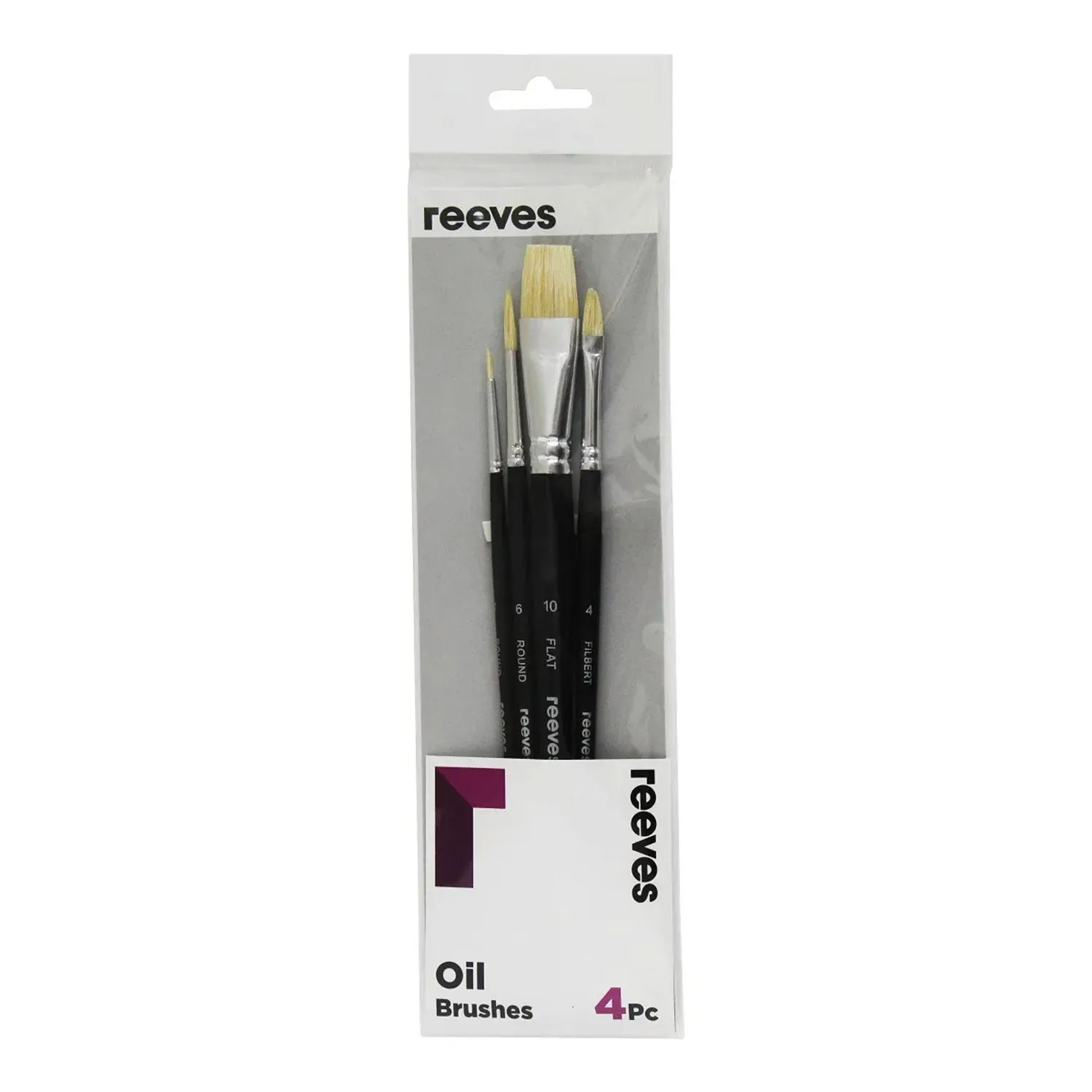 Reeves Oil Brushes Short Handle Set of 4 - No. 1 & 6 Round; No. 10 Flat; No. 4 Filbert