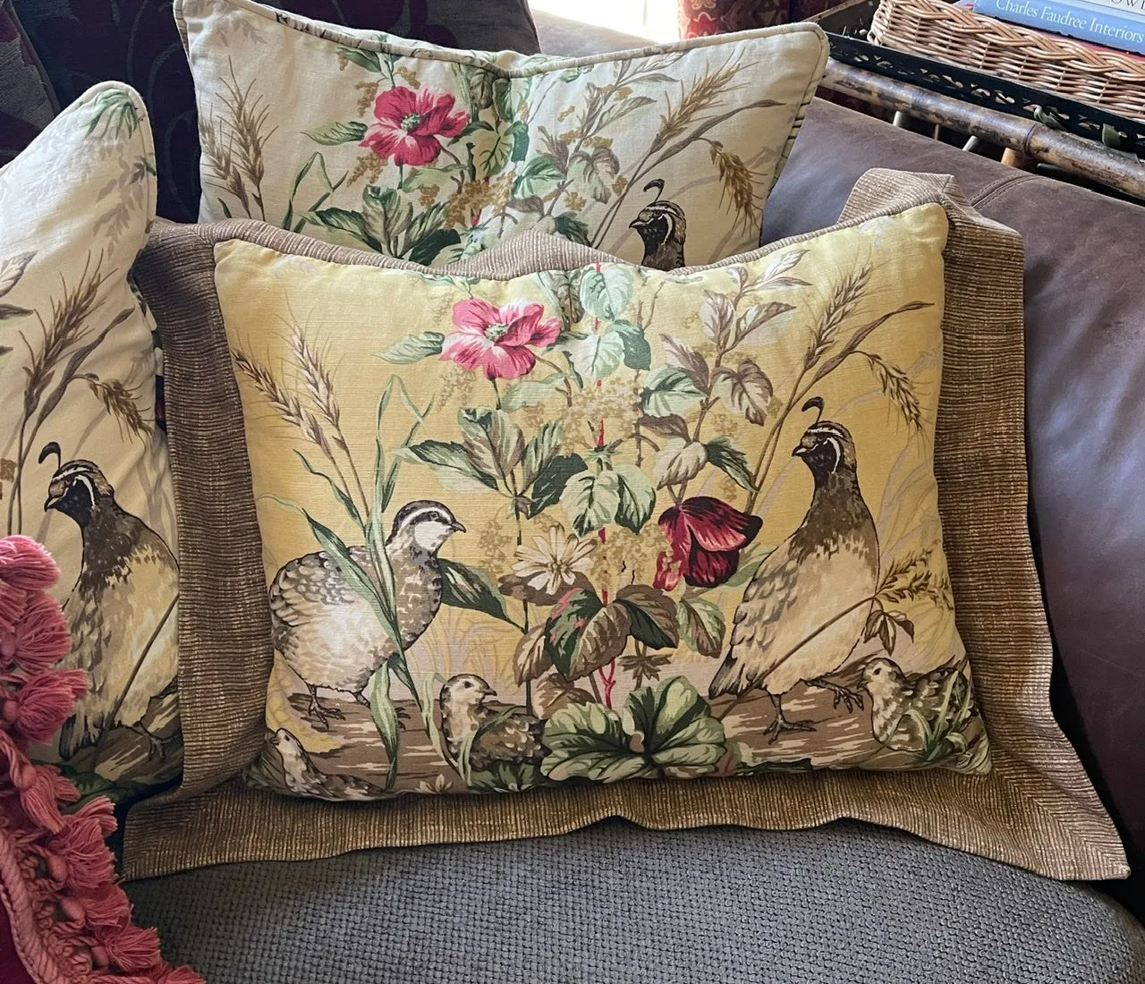 Scalamandre Edwin's Covey Custom Hand Made Pillow Quail Woodland Flowers