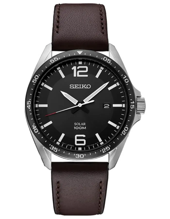 Seiko Mens Solar Essentials - Stainless Steel - Black Dial - Leather Strap