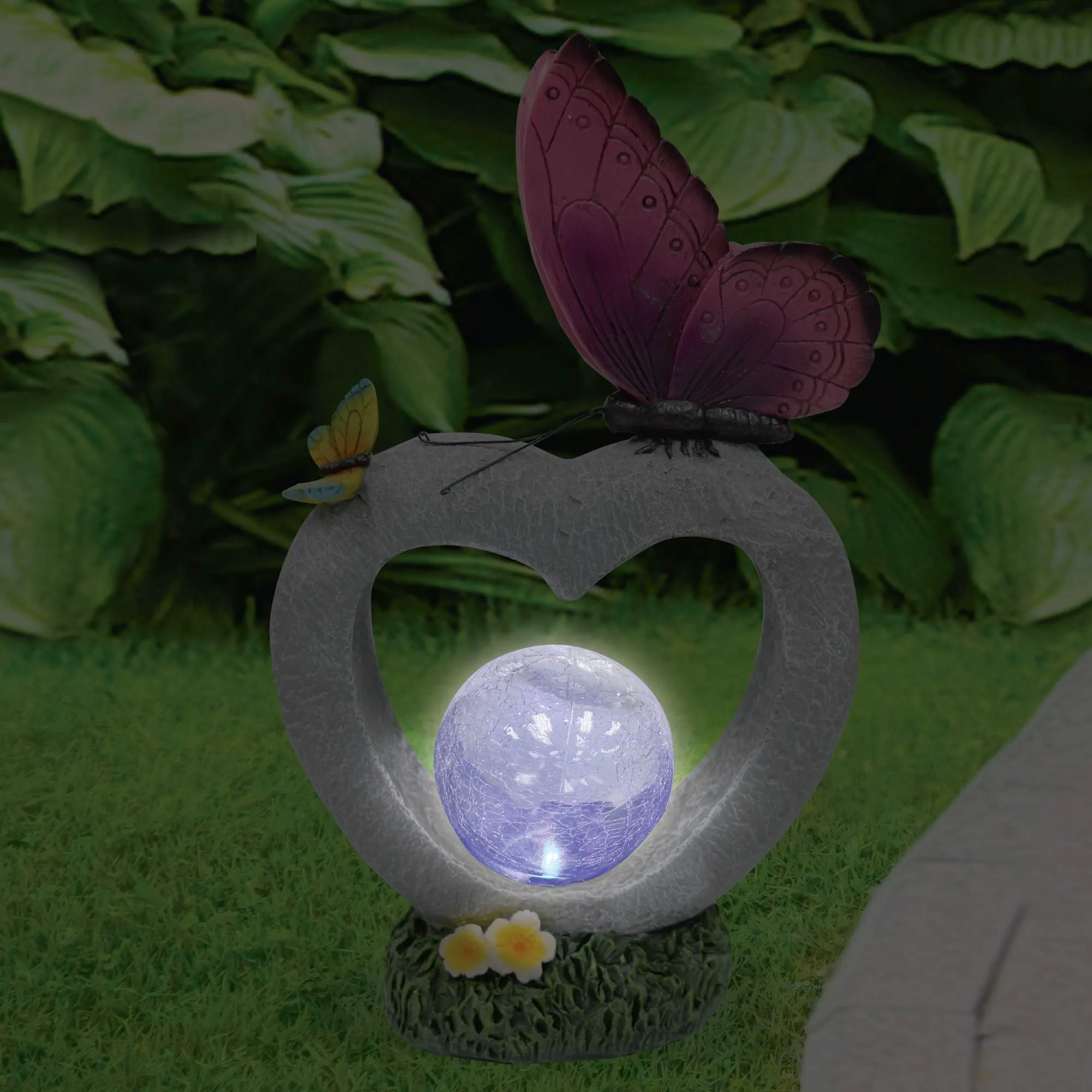 Silver & Stone Outdoor Butterfly Ornament with Solar Crackle Effect Ball - Purple Butterfly