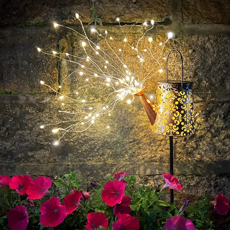 Solar LED Watering Can Firework Light Outdoor Garden Decoration