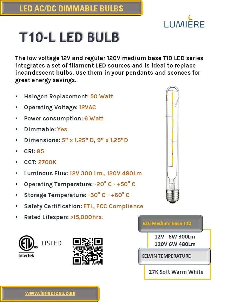 T10 120V Low Voltage E26 Medium Base LED Bulb Dimmable 2700K Soft Warm White