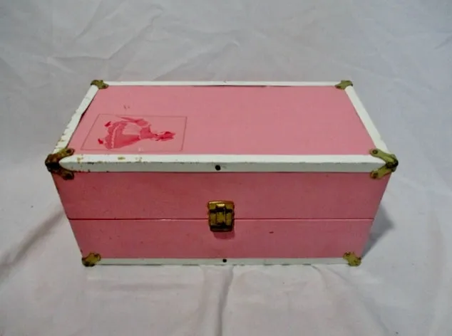 Vintage PINK Metal DOLL CLOTHING Steamer Trunk Chest Closet Wardrobe