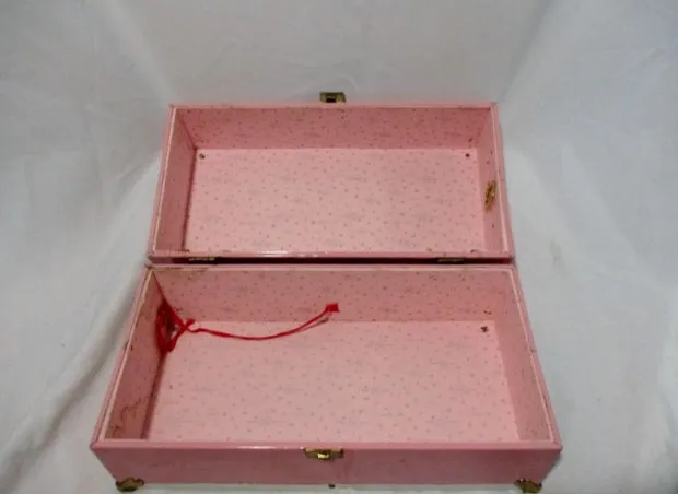 Vintage PINK Metal DOLL CLOTHING Steamer Trunk Chest Closet Wardrobe