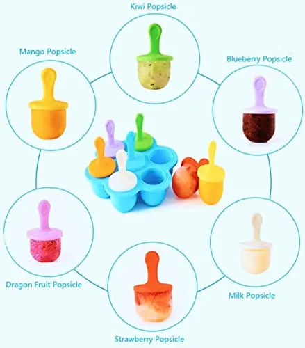 Whitecloud TRANSFORMING HOMES® Silicone Popsicle Molds, Baby Popsicle Molds Silicone BPA Free, Ice Pop Maker, Kids Ice Cream DIY Pop Molds, Storage Container for Homemade Food. IC7-1 (Mulitcolor)