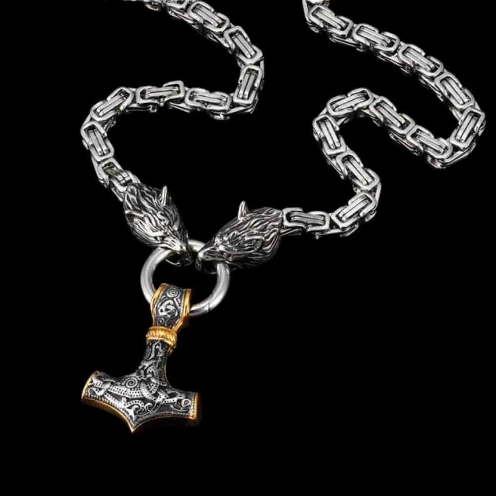 Wolves Holding Mjölnir Necklace