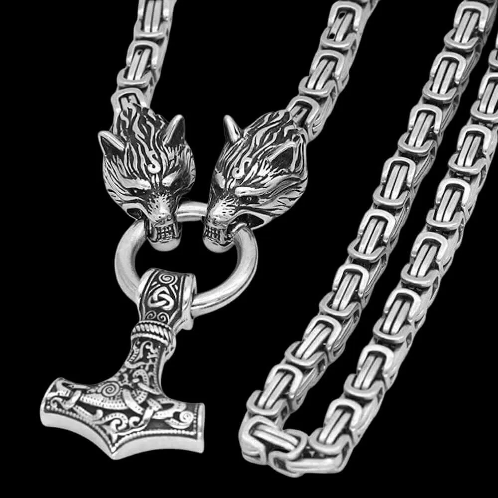 Wolves Holding Mjölnir Necklace