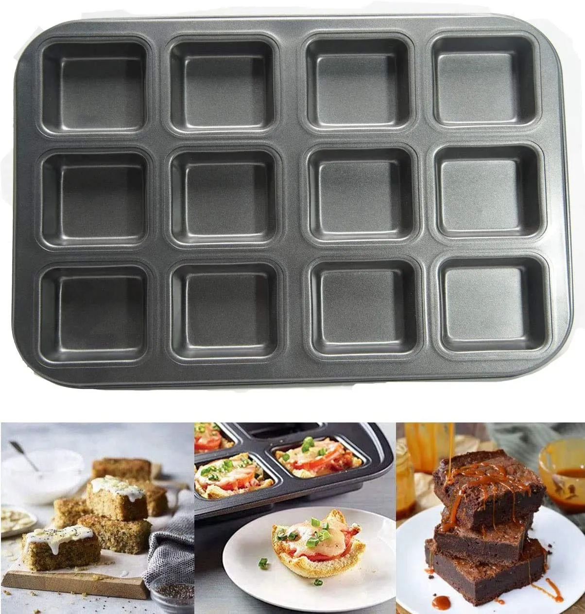 Zollyss Loaf Pan,Brownie Cake Pan, 12-Cavity Non-Stick Square Muffin Pan Blondie Bakeware, Heavy Duty Carbon Steel Pan for Oven Baking -Gray