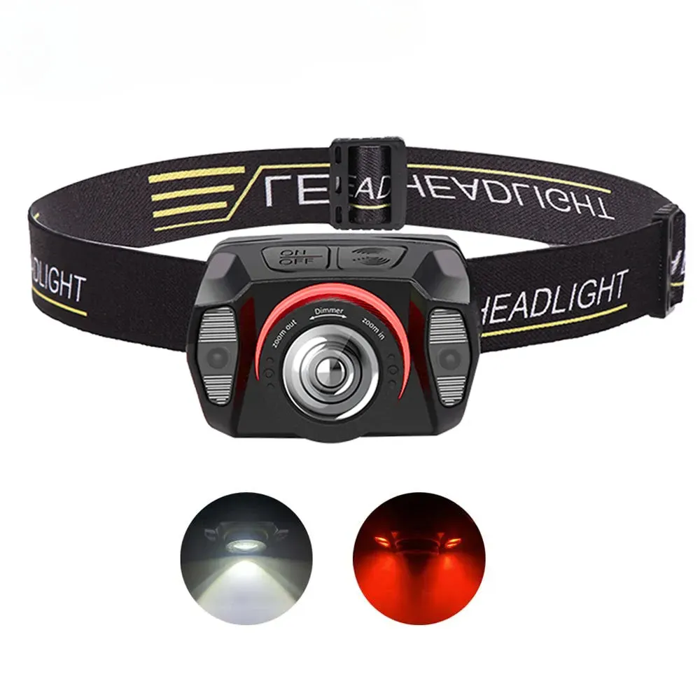 Zoom Headlamp USB Type C XPE Torch LED Headlight Body Motion Sensor Head Wrist Strap Band lamp Riding Red Flash Light lantern